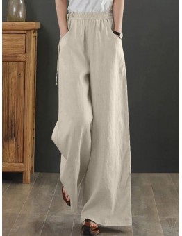 Women Solid Drawstring Waist Pocket Wide Leg Pants