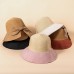 Women Color Matching Stitching Brim Straw Hat Rear Split Design Adjustable Bow Breathable Suncreen Bucket Hat