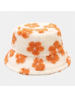 Unisex Floral Pattern Autumn Winter Outdoor Lambswool Warmth Sunshade Bucket Hat