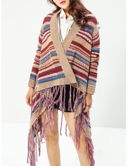 Ethnic Women Colorful Striped Long Sleeve Tassel Sweater Cardigan