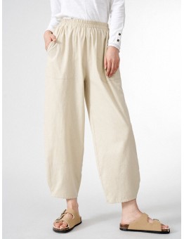 Women Solid Elastic Waist Dual Pocket Wide Leg Pants