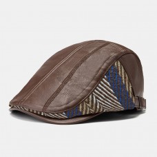 PU Leather Autumn Warm Beret Cap Retro Color Stripe Knit Stitching Patch Flat Hat Forward Cap Peaked Cap